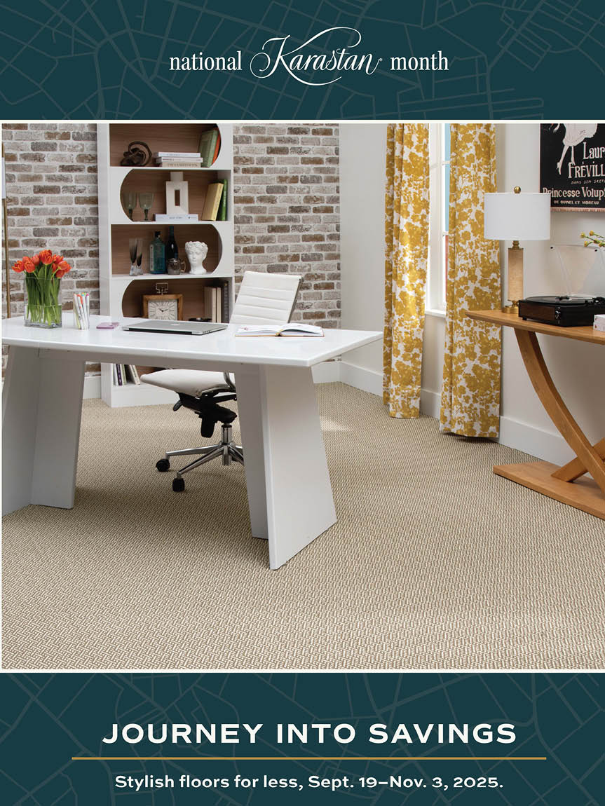 area rug and hard surface Karastan flooring in a living room with a fireplace